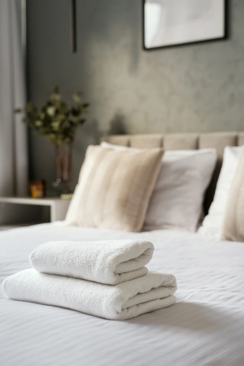 Bed neatly made with a white blanket and two folded towels on top