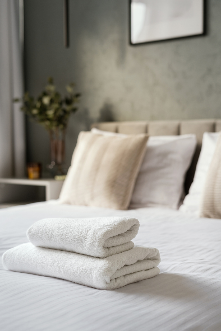 Bed neatly made with a white blanket and two folded towels on top